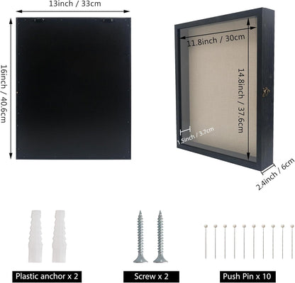 GraduatePro Shadow Box Frame 11x14 Display Case with Linen Back, Real Glass Window Door with Hinge, Picture Frame Wedding Bouquet Memorabilia Medals Photos Memory Box for Keepsakes, Carbonized Black