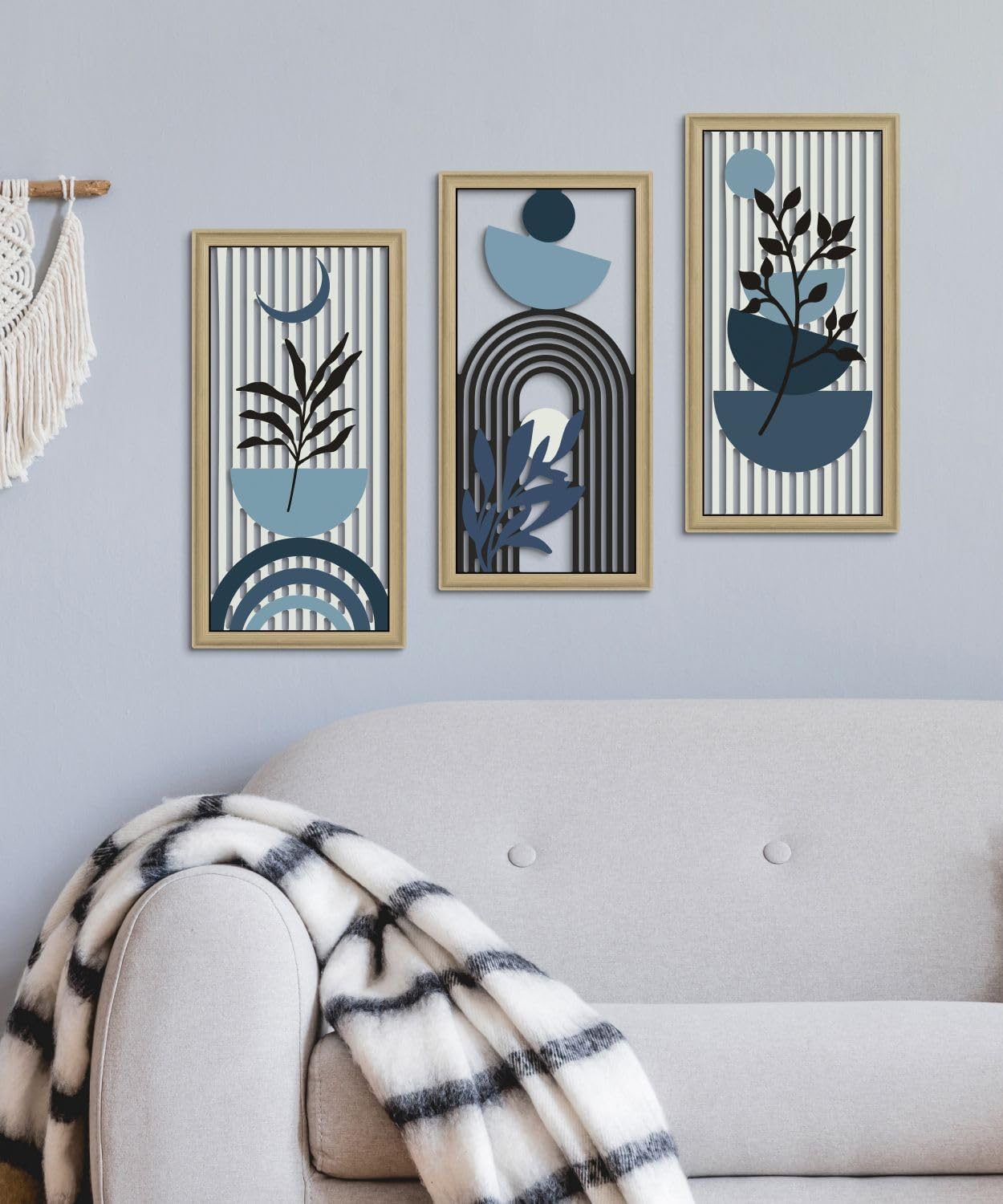 Putuo Decor Boho Abstract Wall Art, Set of 3, Modern Botanical Wooden Wall Decor, Blue Mid-Century Minimalist Framed Artwork for Living Room Bedroom, Office