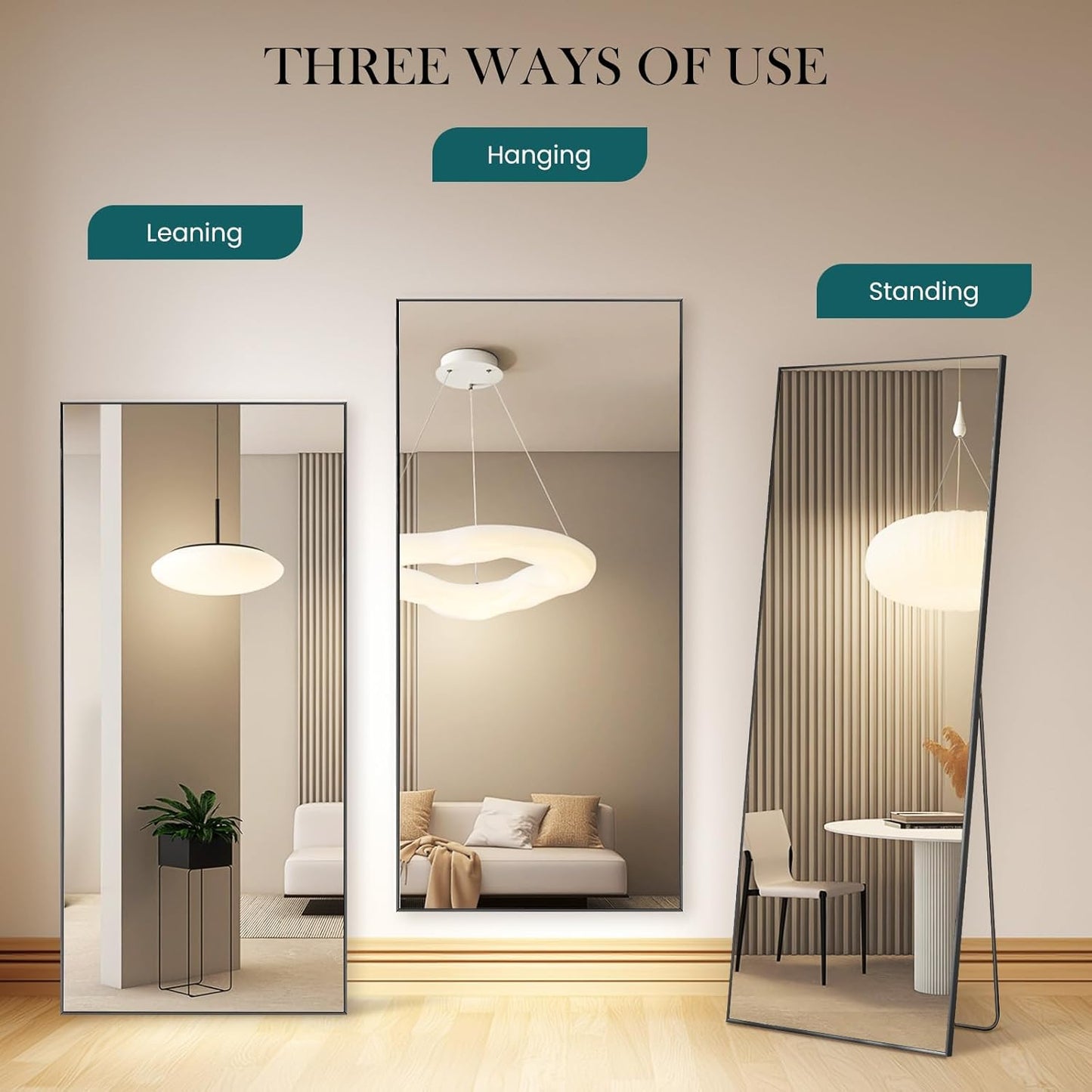 DUMOS Arched Full Length Mirror with Stand 64"x21" Floor Standing Aluminum Frame for Bedroom Body Hanging Leaning Modern Simple Home Decor Shatter-proorf Nano Glass Wall Living Room Cloakroom Black