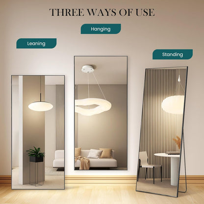 DUMOS Arched Full Length Mirror with Stand 64"x21" Floor Standing Aluminum Frame for Bedroom Body Hanging Leaning Modern Simple Home Decor Shatter-proorf Nano Glass Wall Living Room Cloakroom Black