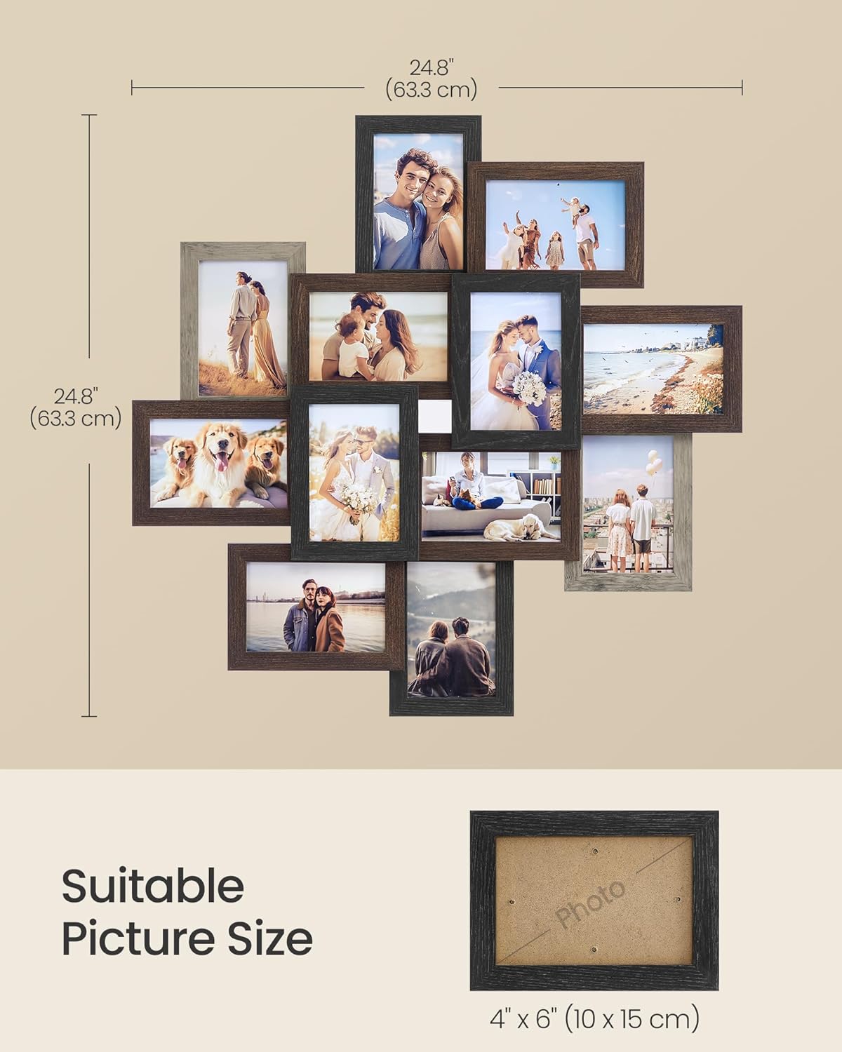 SONGMICS 4x6 Picture Frames Collage Wall Decor, 12-Pack Photo Collage Frame, Multi Picture Frame Set with Glass Front, Assembly Required, Rustic Brown URPF022X01