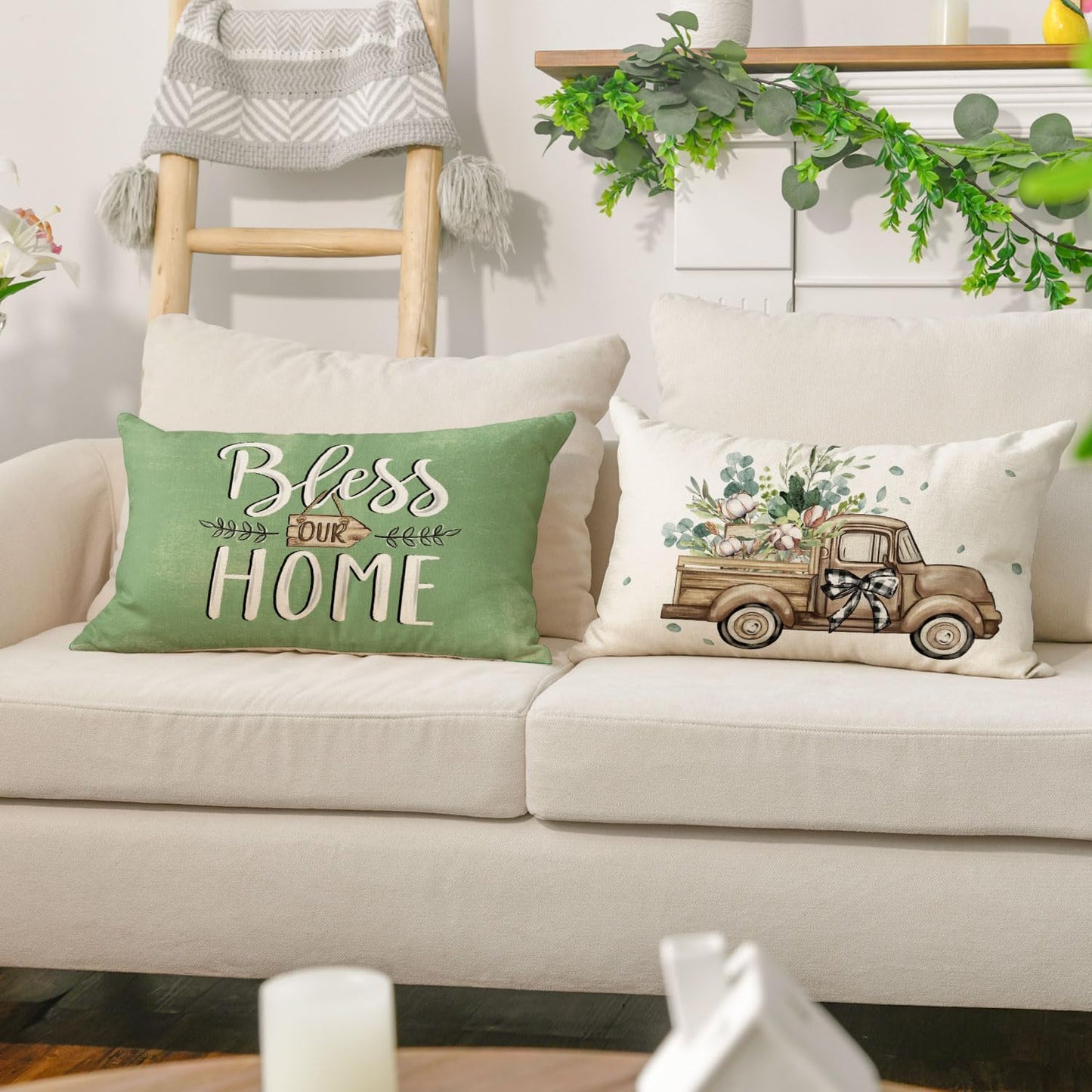 AVOIN colorlife Bless Our Home Farmhouse Eucalyptus Leaves Throw Pillow Covers, 18 x 18 Inch Truck Home Sweet Home Cushion Case Decorations Set of 4