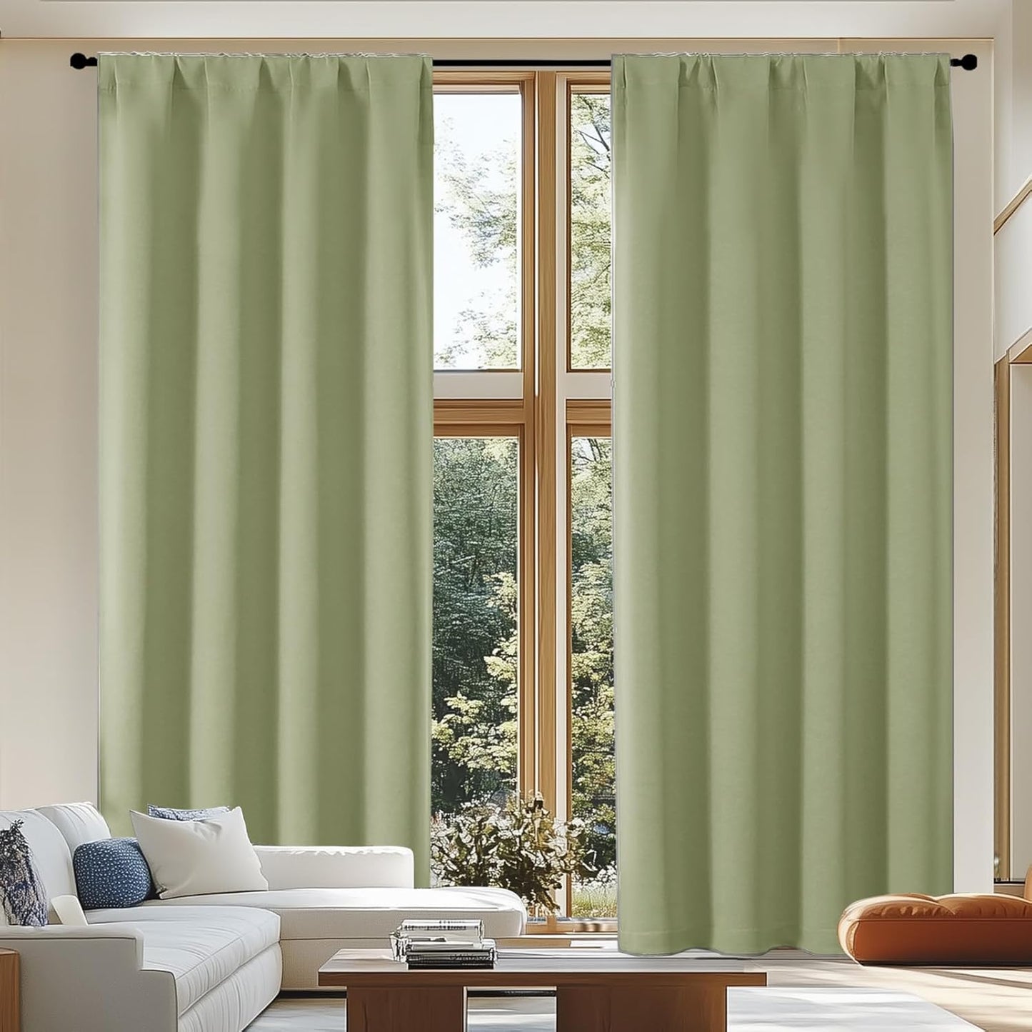 Simplebrand Ava Sage Green Blackout Curtains for Bedroom 63 Inch Length 2 Panels Set, Solid Thermal Insulated Energy Saving Rod Pocket Window Treatment Curtains Blackout Drapes, W40 x L63 Inch, Sage - Colors A
