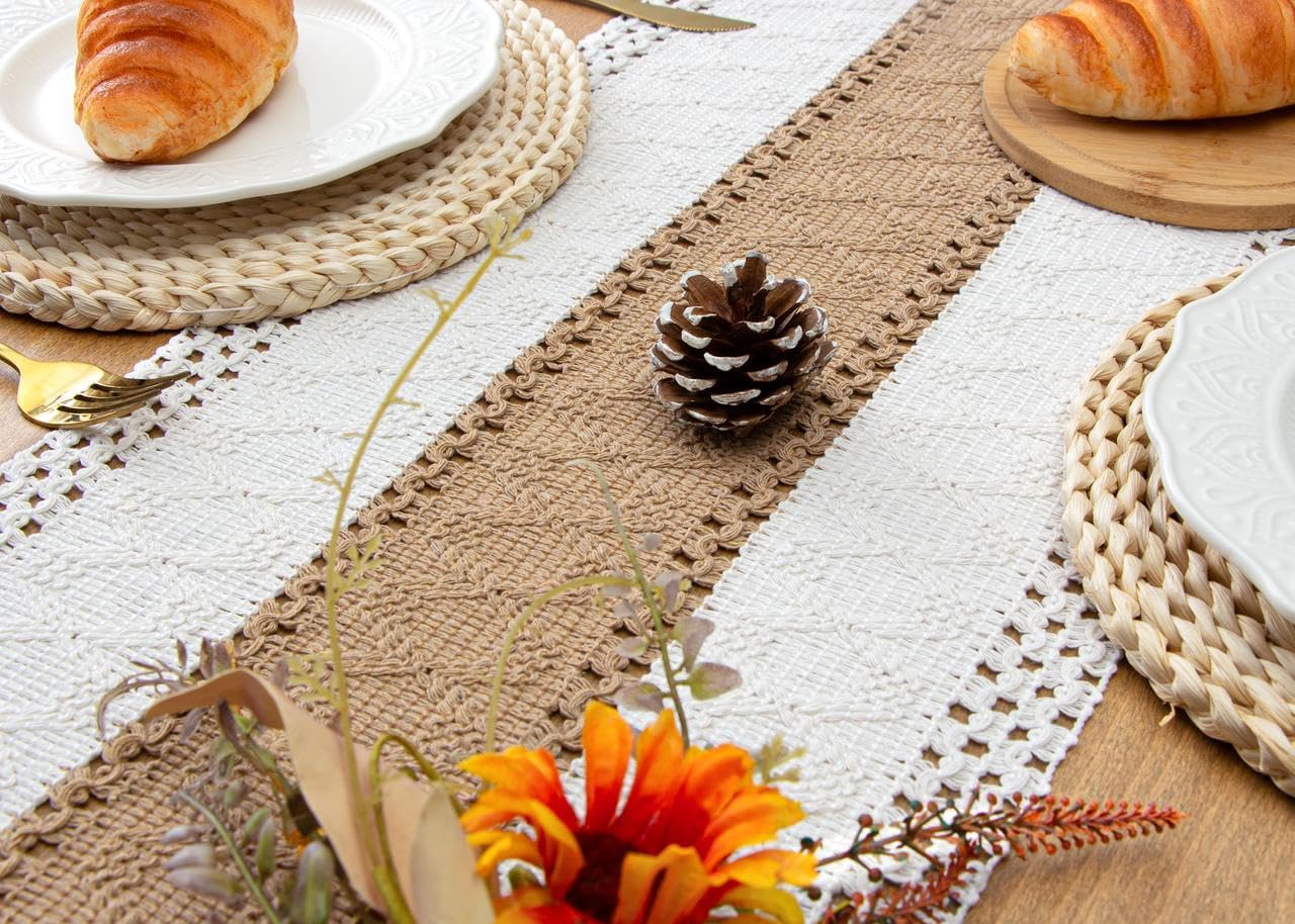FEXIA Boho Table Runner for Thanksgiving Fall Christmas Home Decor with Tassels 72 Inches Long Pottery barn Furniture Farmhouse Rustic Macrame Burlap Table Decoration for Living Room (12x72 Inches)