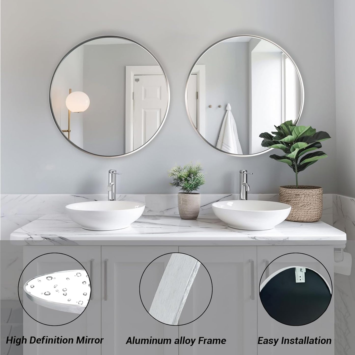 Sunniry Black Round Mirror, Round Mirror 24 inch, Black Circle Mirrors Matte Metal Frame, Wall Mounted Mirrors for Living Room, Bathroom, Wall, Entryway.