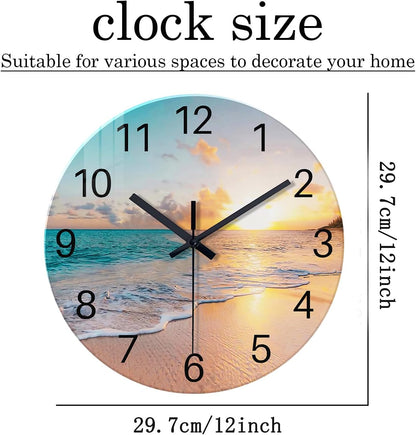 Beach Wall Clock Battery Operated 12 Inch Glass Wall Clock Non Ticking Analog Blue Wall Clocks for Bedroom Living Room Office Decor