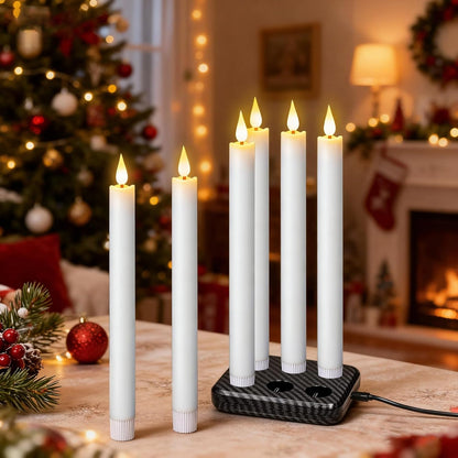 GenSwin Flameless Ivory Taper Candles Flickering with 10-Key Remote, Battery Operated Led Warm 3D Wick Light Window Candles Real Wax Pack of 6, Christmas Home Wedding Decor(0.78 X 9.64 Inch)