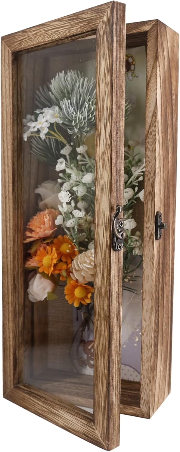 GraduationMall 13x16 Wood Shadow Box Frame Glass Door Display Case with Linen Back and 6 Stick Pins,1.5 inches Interior Depth,Ideal for Memorabilia Pictures Flowers Medals Tickets Rustic White