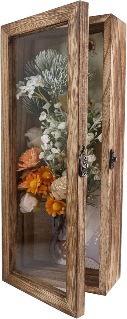 GraduationMall 13x16 Wood Shadow Box Frame Glass Door Display Case with Linen Back and 6 Stick Pins,1.5 inches Interior Depth,Ideal for Memorabilia Pictures Flowers Medals Tickets Rustic White