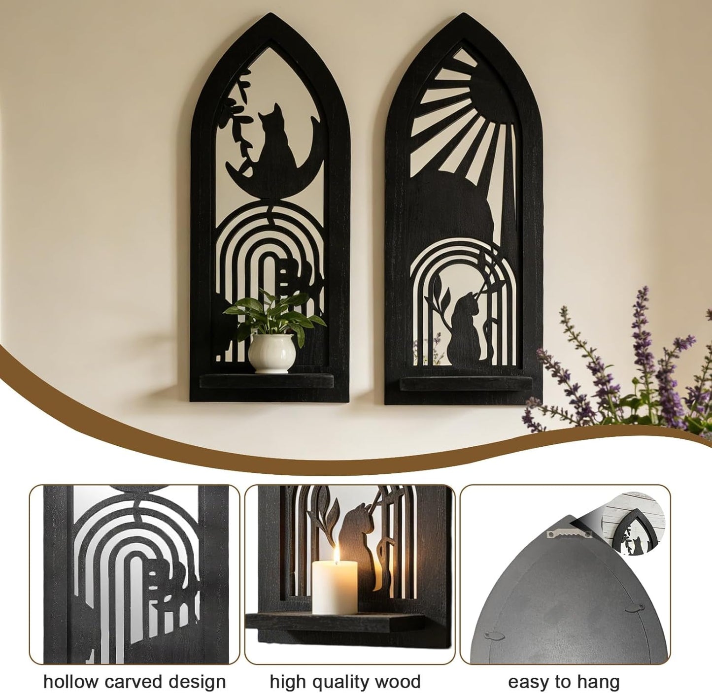 Wood Wall Sconce Candle Holder Set 2, Rustic Wall-Mount Candle Holders, Farmhouse Hanging Wall Décor, Carved Wood Frame, Mirrored Candle Holder (Distressed White)