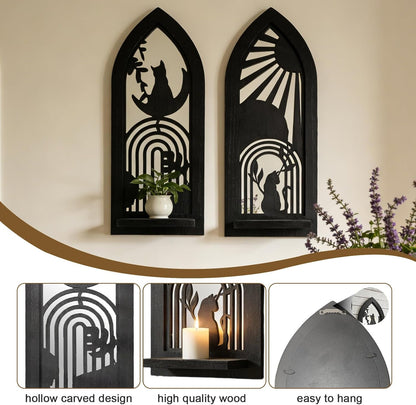 Wood Wall Sconce Candle Holder Set 2, Rustic Wall-Mount Candle Holders, Farmhouse Hanging Wall Décor, Carved Wood Frame, Mirrored Candle Holder (Distressed White)