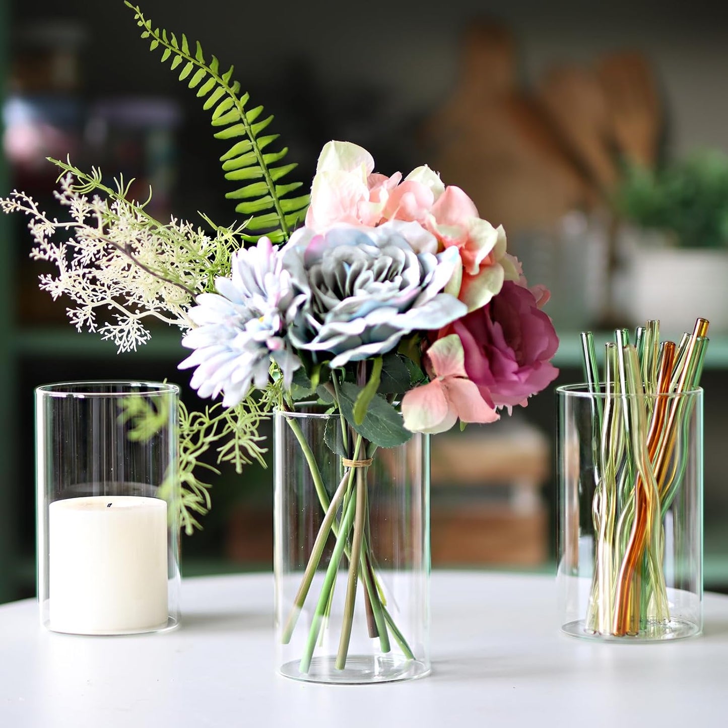 12Pcs Glass Cylinder vases for Centerpieces, 6 Inches Clear Ribbed Bud Vases for Wedding Decorations,Floral Vase Bulk Flower vases,Tall Glass Hurricane Candle Holder for Table Shelf, Party(Ribbed)