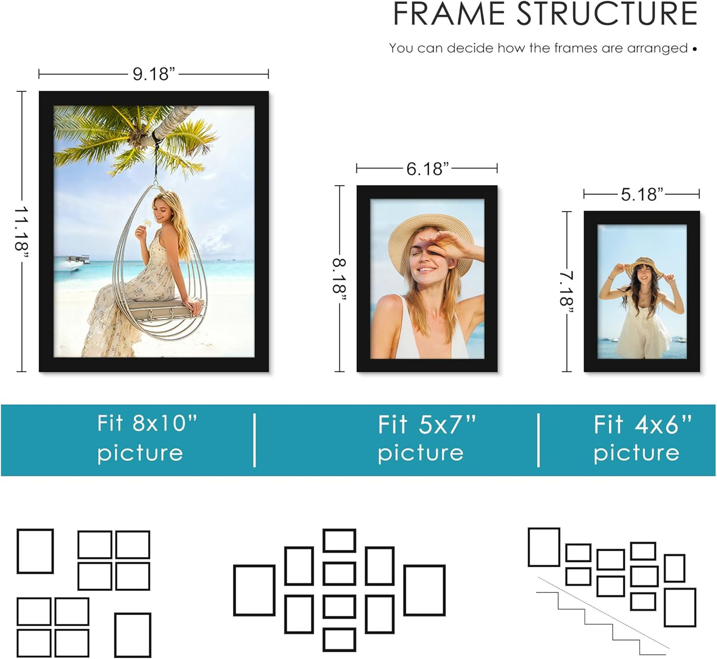PEALSN 10 Pack Collage Picture Frames, Gallery Wall Frame Set with Two 8x10, Four 5x7, and Four 4x6, Multiple Photo Frames for Wall Gallery Decor, Black