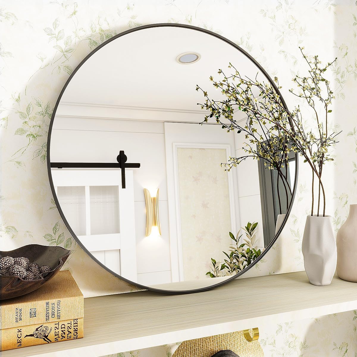 VooBang Large Black Round Bathroom Mirror, 48 inch Circle Wall Mounted Hanging Mirror with Simple Modern Circular Metal Frame for Hallway, Entryway, Living Room, Black Frame