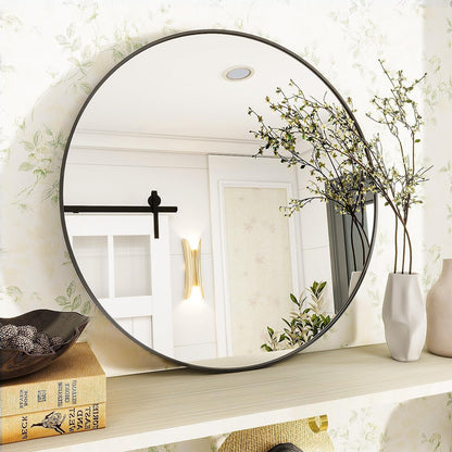 VooBang Large Black Round Bathroom Mirror, 48 inch Circle Wall Mounted Hanging Mirror with Simple Modern Circular Metal Frame for Hallway, Entryway, Living Room, Black Frame