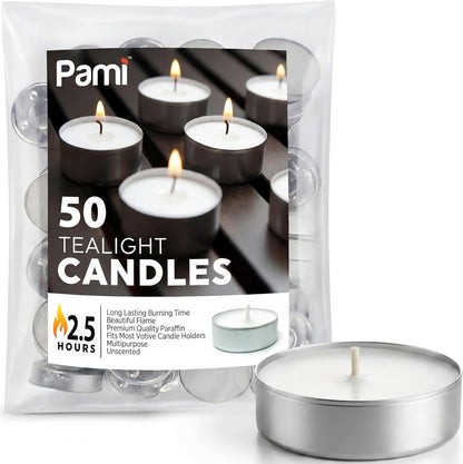 PAMI Premium 50 Pack Long-Lasting Tealight Candles - Unscented with 2.5 Hours Burning Time- Paraffin Tealights with Beautiful Flame- Round Candles Perfect for Votive Candle Holders