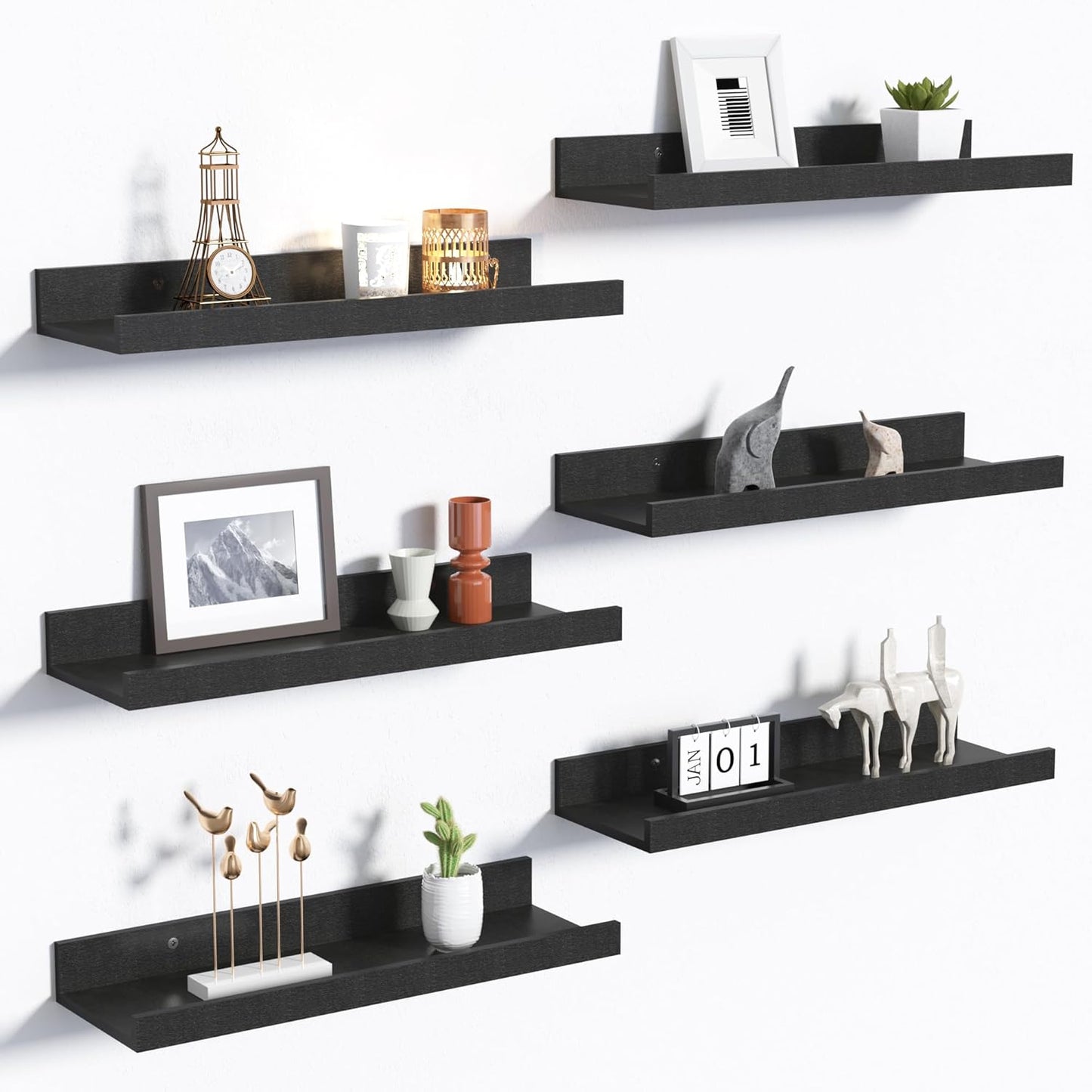 upsimples 6 Pack Wooden Floating Shelves, Wall Storage Decor Shelf for Bathroom, Bedroom, Living Room, Kitchen, Office and Laundry Room, Wall Mounted Display Hanging Shelf, Brown