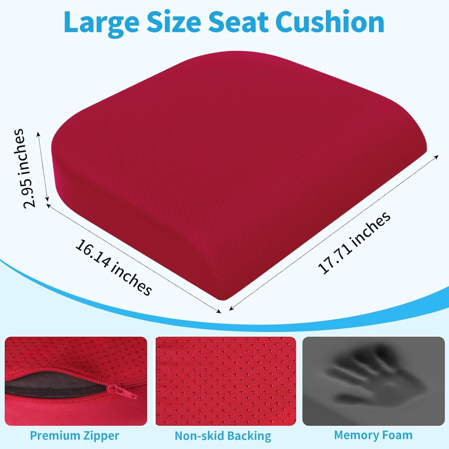 TranquilRelax Large Seat Cushion, Memory Foam Cushion for Long Sitting Hours on Office Chair, Car Seat, Non-Slip Chair Pad for Sciatica, Coccyx, Tailbone Pain Relief & Post-Surgery Recovery (Black)