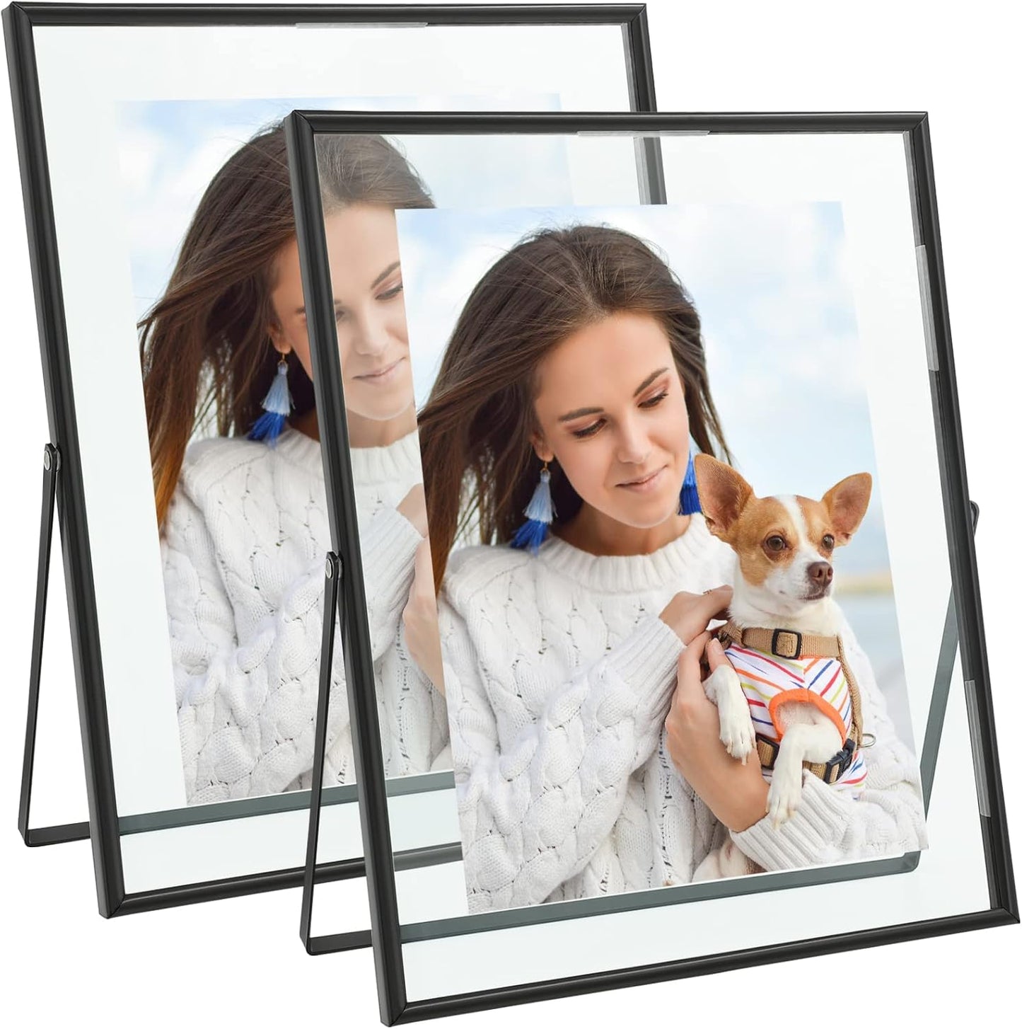 Qiannhee 8x10 Floating Frames Set of 2, Double Glass Desktop Picture Frames, Holds Multiple Photo Sizes, Photo Frame with Metal Stand