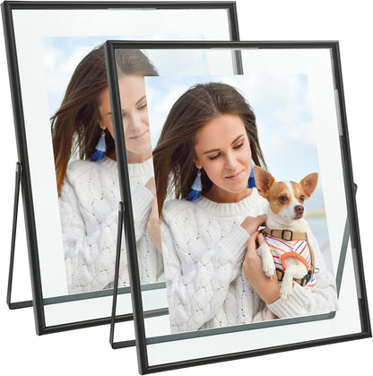 Qiannhee 8x10 Floating Frames Set of 2, Double Glass Desktop Picture Frames, Holds Multiple Photo Sizes, Photo Frame with Metal Stand