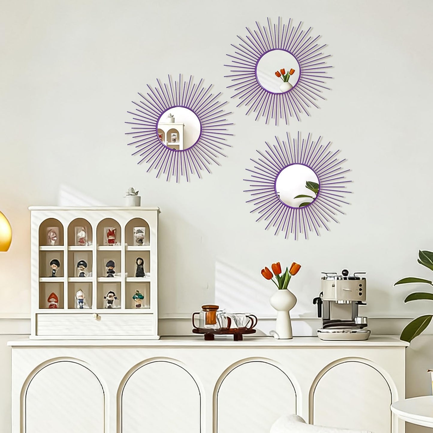 3 Pack Metal Mirrors for Wall Sunburst Wall Mirrors Home Décor Decorative Hanging Wall Art for Living Room Bedroom Entryway (Gold, Flower+Sunburst)