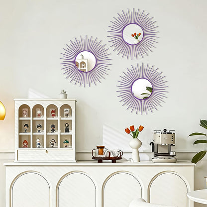 3 Pack Metal Mirrors for Wall Sunburst Wall Mirrors Home Décor Decorative Hanging Wall Art for Living Room Bedroom Entryway (Gold, Flower+Sunburst)