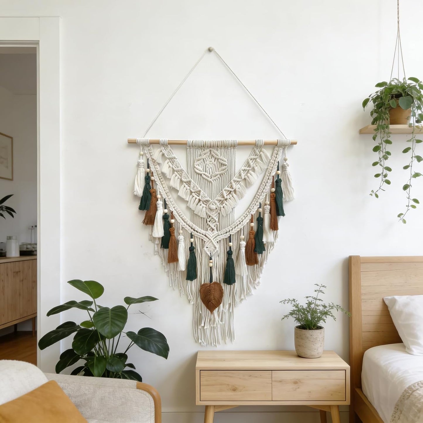 Lokeisna Macrame Wall Hanging, Woven Tapestry Beige & Dusty Rose Handmade Craft Macrame Wall Decor, Gallery & Nursery, Size 37.4” Lx27.5” W