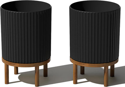 Veradek Demi Series Round Planter w/ Stand for Porch/Patio | Durable Plastic-Concrete & Wooden Stand | Modern Décor for Tall Plants, Flowers