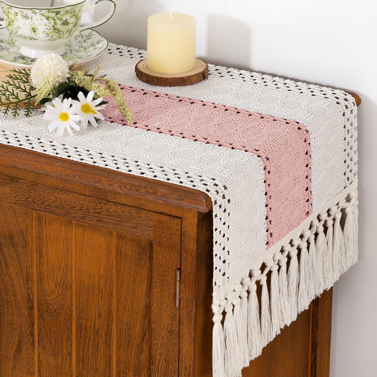 Socomi Boho Table Runner Summer Farmhouse Rustic Dining Kitchen Centerpiece Decor Small Macrame Woven Cotton Linen Coffee Table Runner for Dresser Scarf Home Decor 12x36 inch Beige