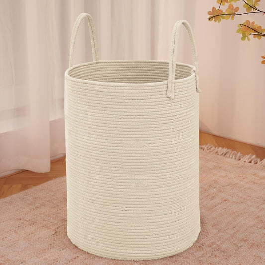 JMvicyroam Large Woven Laundry Basket Hamper,60L Cotton Rope Storage Bin for Blankets,Toys and Clothes,Decorative Tall Nursery Hamper for Living Room,Baby Nursery,Bathroom and Bedroom,Brown