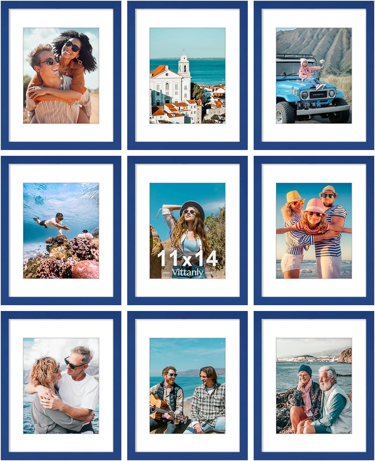 Vittanly 8x10 Picture Frames Set of 9, Shatter Resistant Plexiglass, Display 5x7 Pictures with Mat or 8x10 without Mat, Photo Frames for Wall or Tabletop, Engineered Wood, Black - Colors B