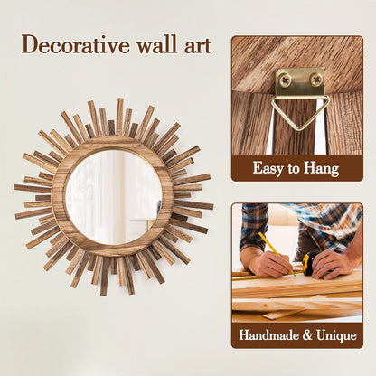 24 Inch Boho Sunburst Mirror, Round Wooden Wall Decor Starburst Sun Mirror for Bedroom, Living Room, Bathroom, Hallway, Balcony, Farmhouse Entryway, Housewarming Gift