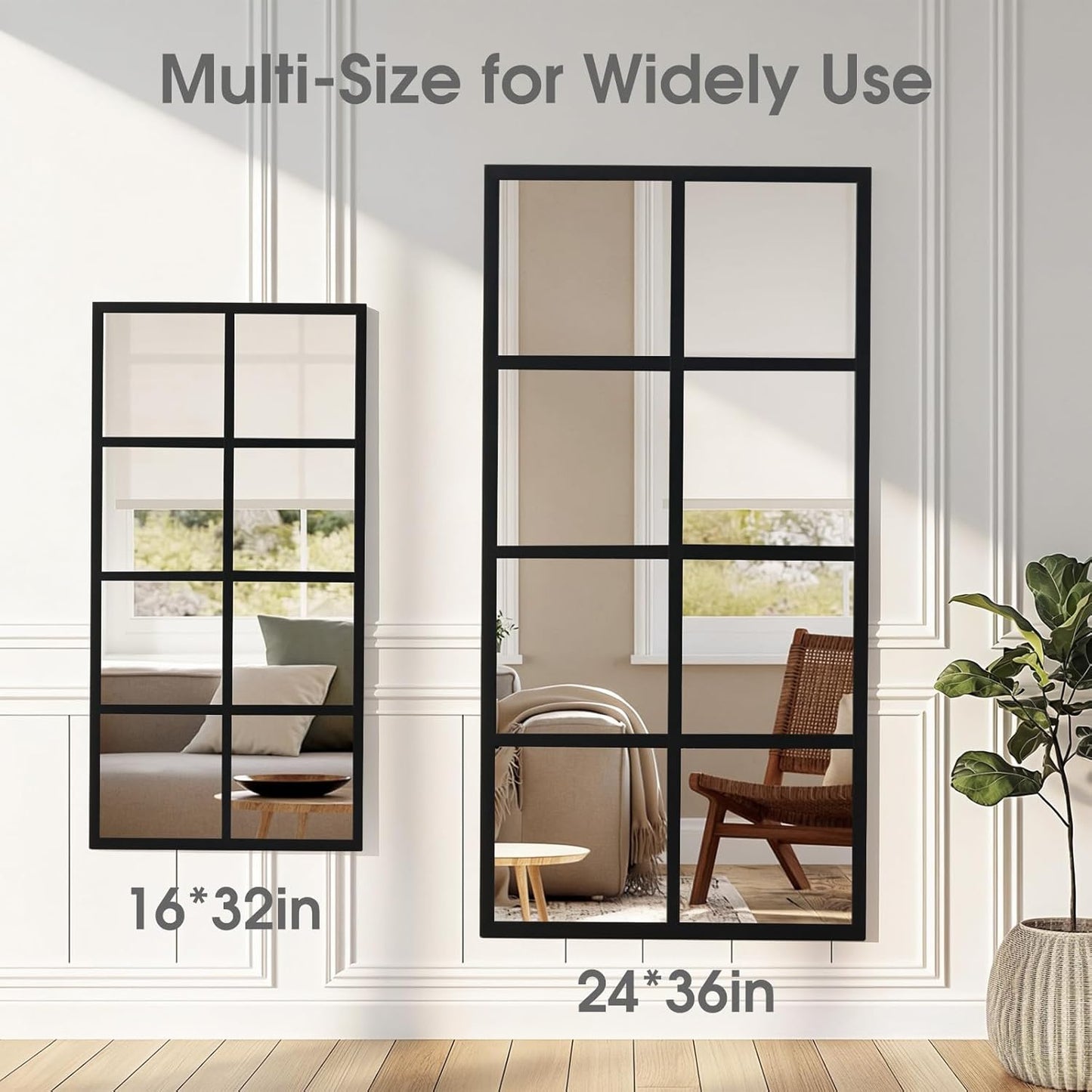 DUMOS Wall Mirror 16" x 32", Set of 2 Rectangle Window Pane Decorative Mirrors, Metal Framed Wall Mounted Mirror for Bathroom, Bedroom, Entryway