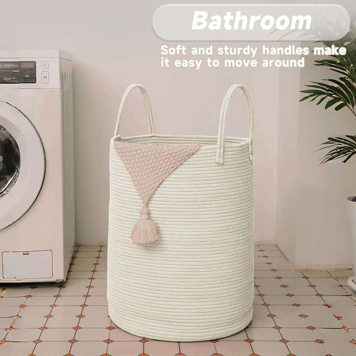 JMvicyroam Large Woven Laundry Basket Hamper,60L Cotton Rope Storage Bin for Blankets,Toys and Clothes,Decorative Tall Nursery Hamper for Living Room,Baby Nursery,Bathroom and Bedroom,Brown