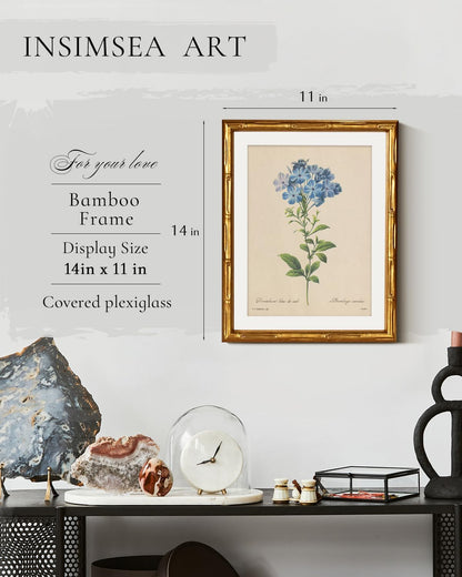 InSimSea Gold Bamboo Framed Canvas Wall Art, Retro Blue Hydrangea Botanical Prints, Antique Flowers Picture Frame with Mat, Victorian Home Wall Decor for Kitchen Living Room Bedroom, 11x14inch
