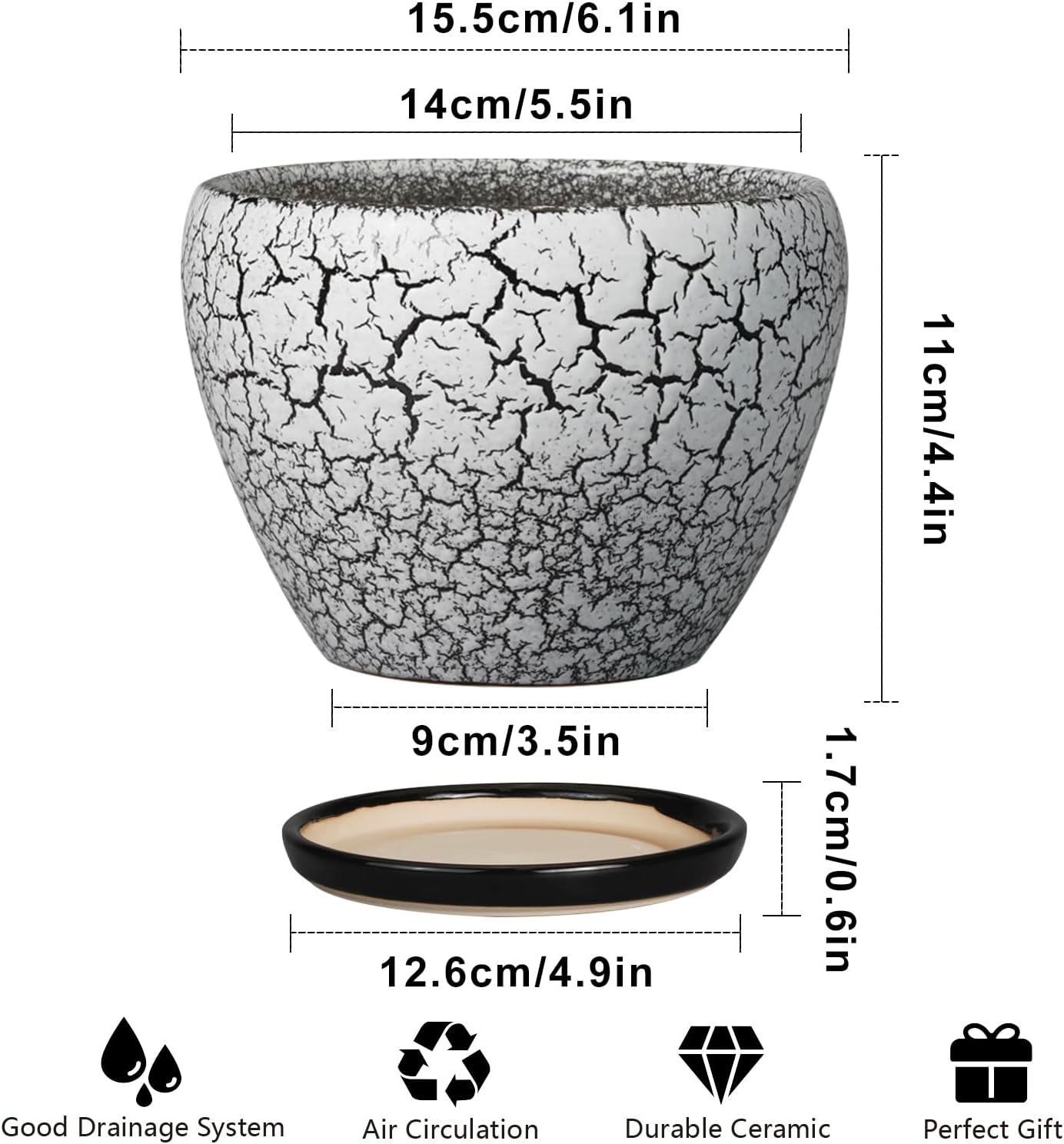 Ceramic Modern Glaze Succulent Planter Pot with Drainage Hole and Saucer 6 Inch Round Flower Plant Pot for Indoor Outdoor Herb Snake Plants