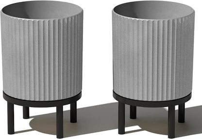 Veradek Demi Series Round Planter w/ Stand for Porch/Patio | Durable Plastic-Concrete & Wooden Stand | Modern Décor for Tall Plants, Flowers