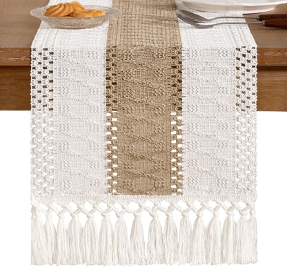Socomi Boho Table Runner Summer Farmhouse Rustic Dining Kitchen Centerpiece Decor Small Macrame Woven Cotton Linen Coffee Table Runner for Dresser Scarf Home Decor 12x36 inch Beige