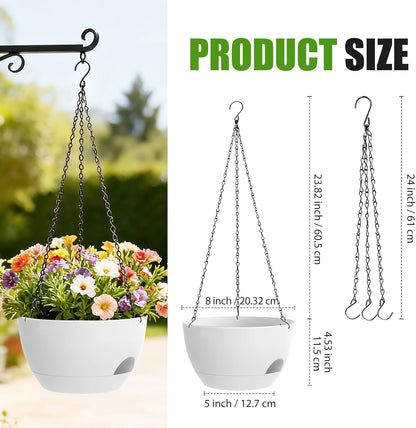 8 Inch Hanging Planters for Indoor Outdoor Plants, 4 Pack Black Plastic Self Watering Hanging Baskets with Drainage Holes and Chain for Garden Porch