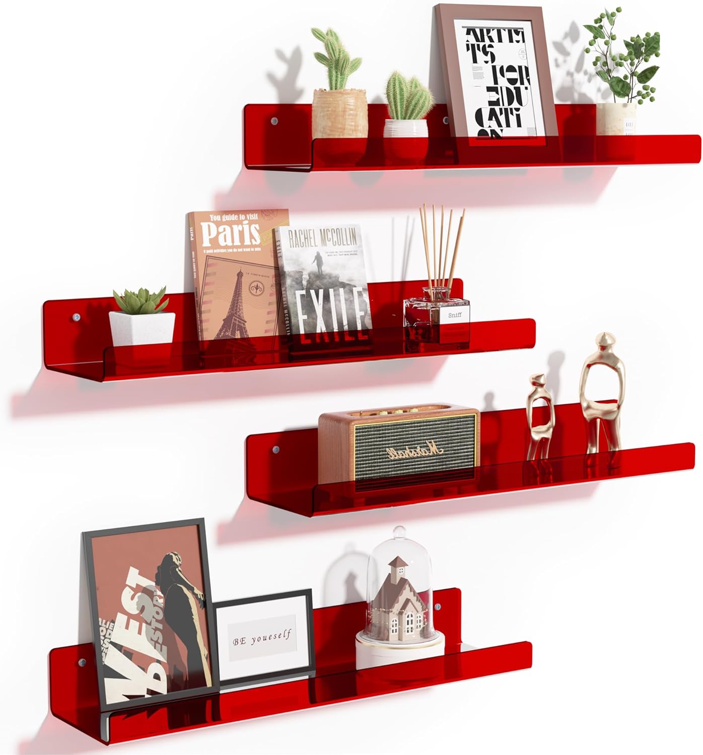 upsimples Acrylic Shelves for Bathroom Storage, 15" Floating Shelves Wall Organizer for Perfume, Make up, Skincare, Kids Bookshelf for Bedroom, Nursery, Living Room Decor, Clear, 4 Pack