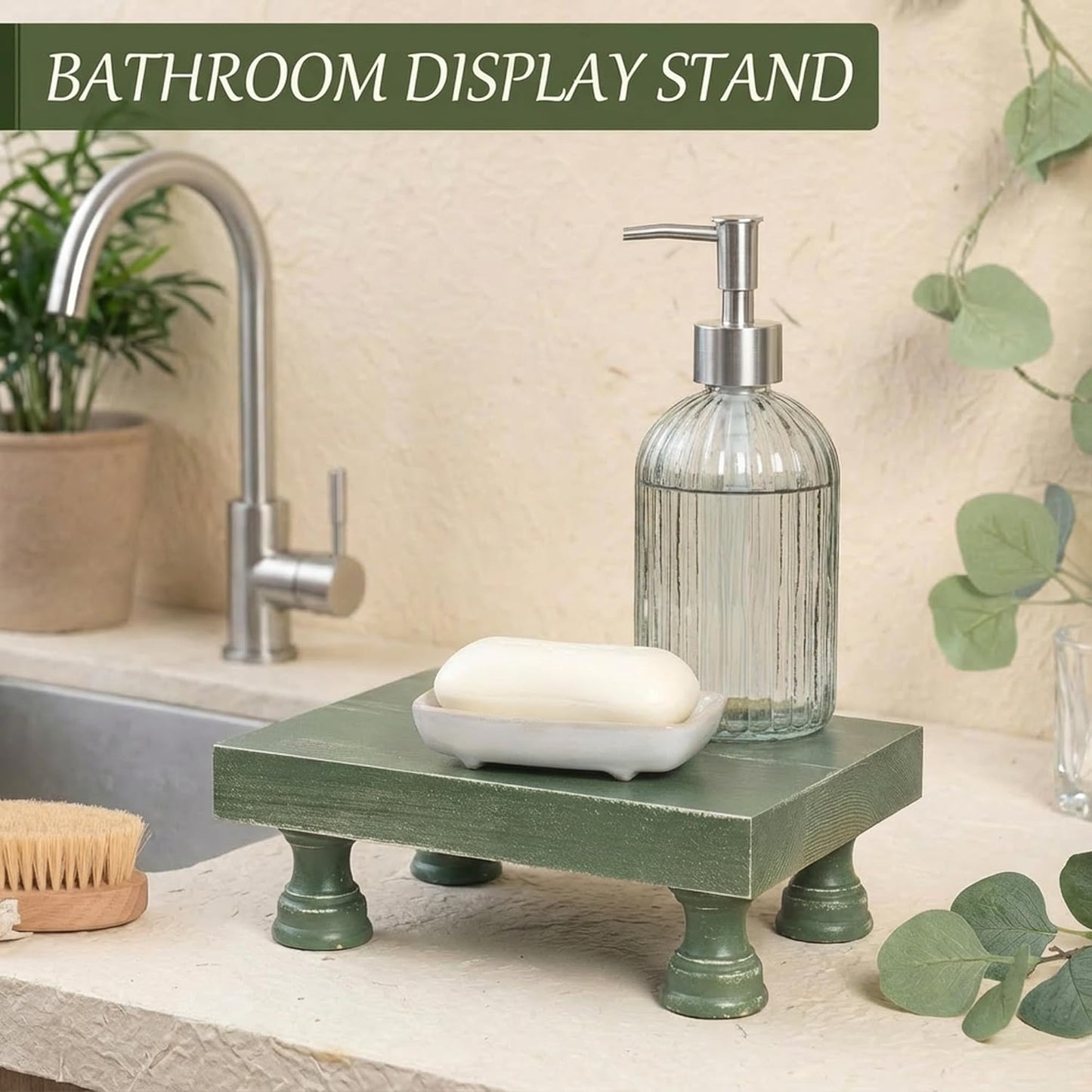 EOSAHR Farmhouse Riser for Room Decor : Decorative Pedestal Stand For Display Your Home Decorations and Uniquely Soap Stand - Rustic Bathroom Counter Tray and Kitchen Decor (Natural Wood)