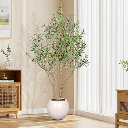 VIVATREES Olive Tree Artificial Indoor, 7FT Tall Faux Olive Tree with 16in Round White Planter, Artificial Plants with Natural Wood Trunk and Lifelike Fruits for Home Office Decor