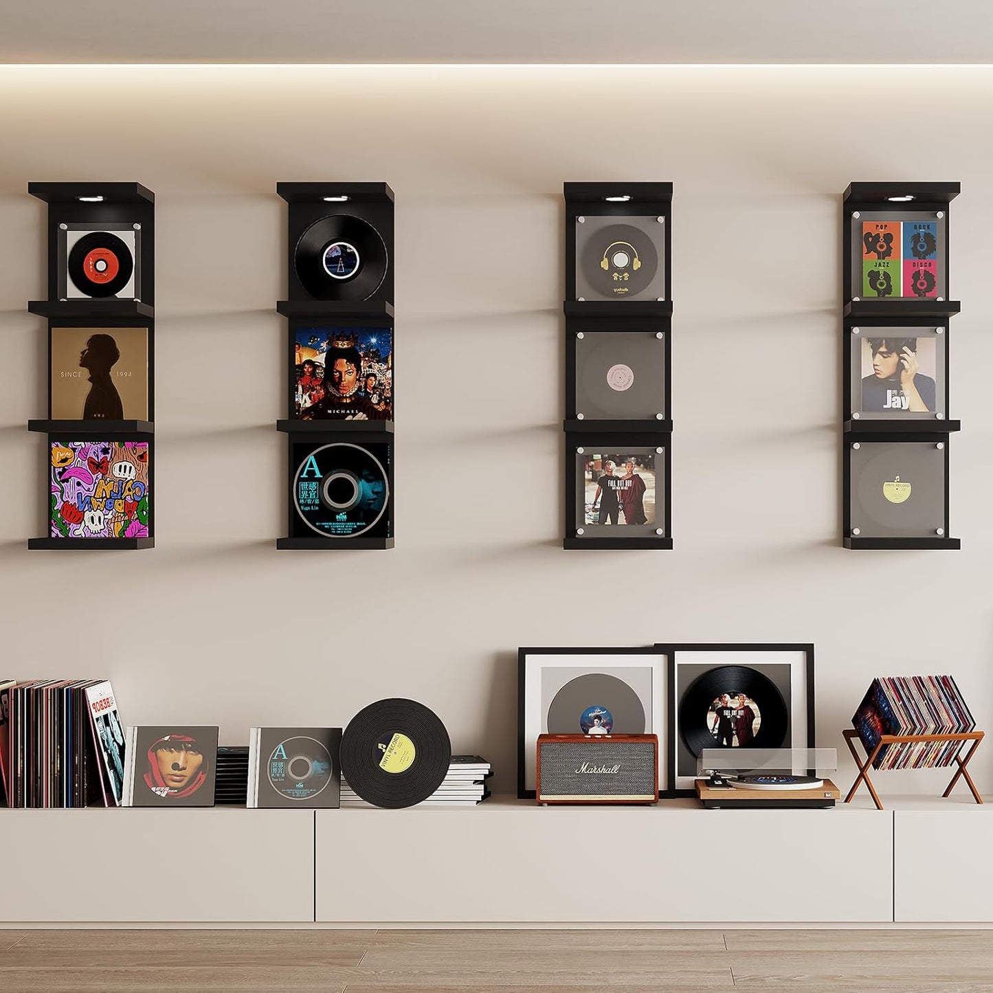 LitaEther Versatile 7 Tier Wall Shelf Unit,White Lack Wall Shelf,Display Floating Shelf with LED Remote Control Light