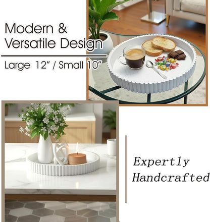 Modern Table Round Decorative Trays 2pcs Home Decor - Circle Coffee Table Centerpiece Set 12"/10" - Wooden Cool Grey Ottoman Tray with Fluted Edge