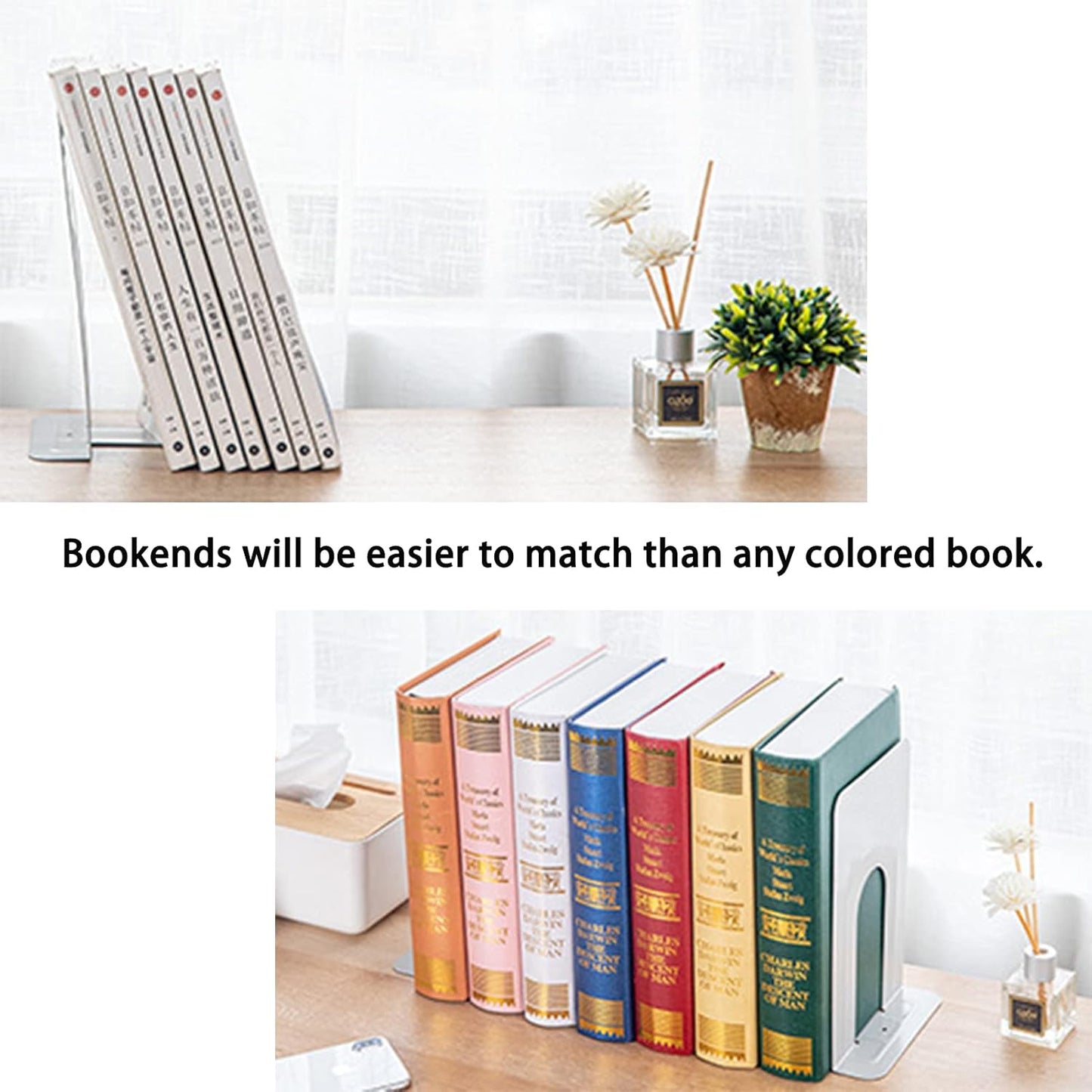 Metal Book Ends for Shelves, Book Shelf Holder Home Decorative, Book Ends for Heavy Books/Movies/CDs, Black 6.5 x 5 x 5.7 in, 4 Pair/ 8 Piece