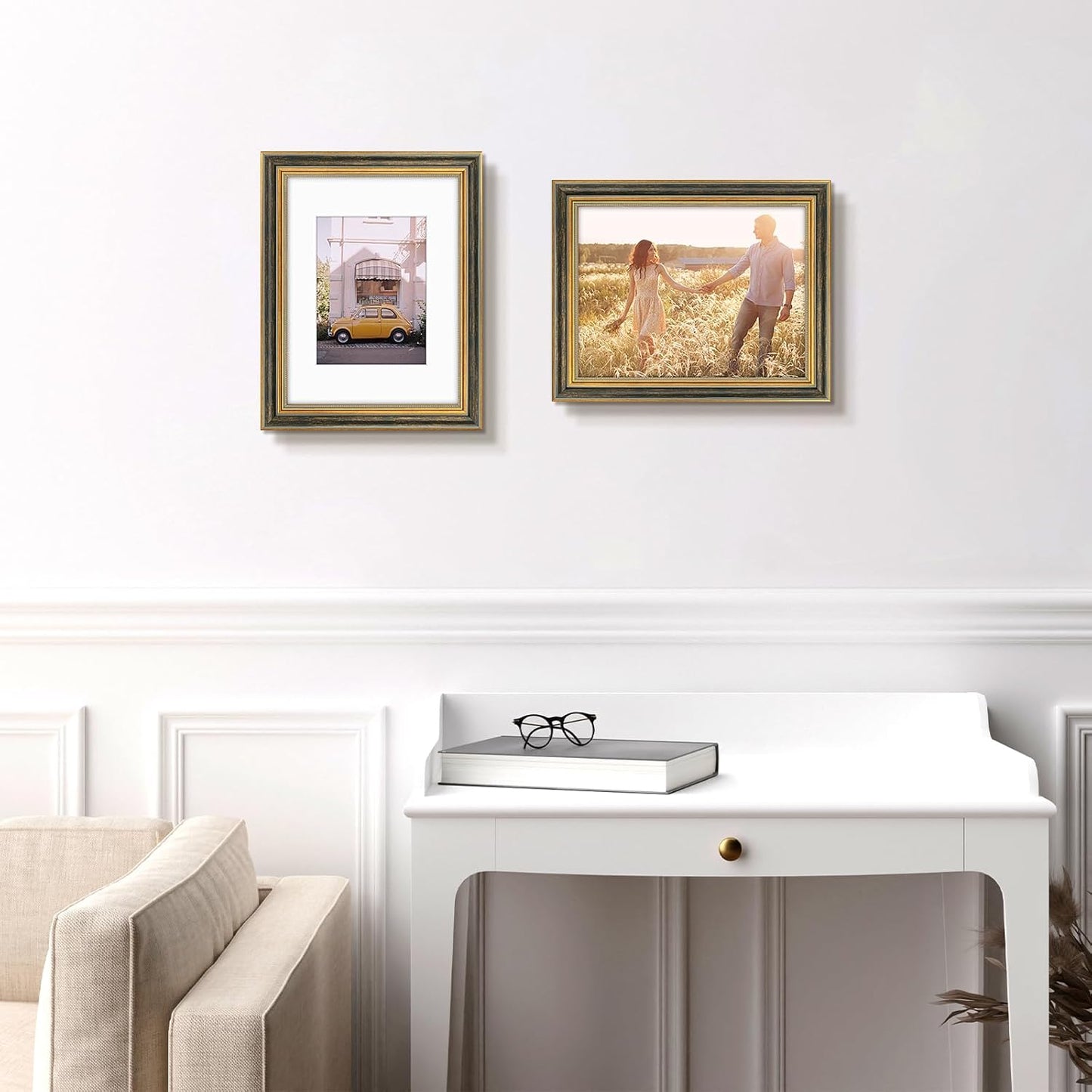 Golden State Art,11x14 Ornate Picture Frame for 8x10 Photo with Mat or 11 x 14 Prints without Mat,Real Glass Wall Display(Color:Green Gold)