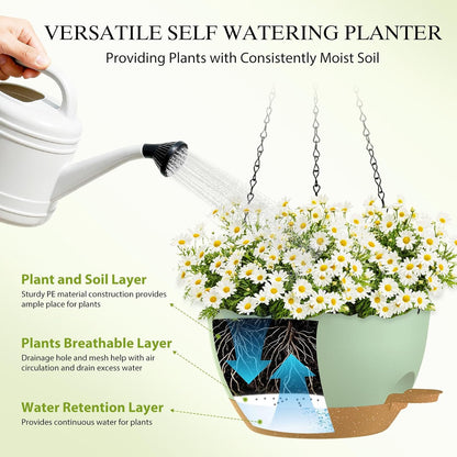 12 Inch Hanging Baskets 2 PC with Chains, Self-Watering Hanging Planters for Indoor Outdoor Plants, Plastic Hanging Flower Pots,Black