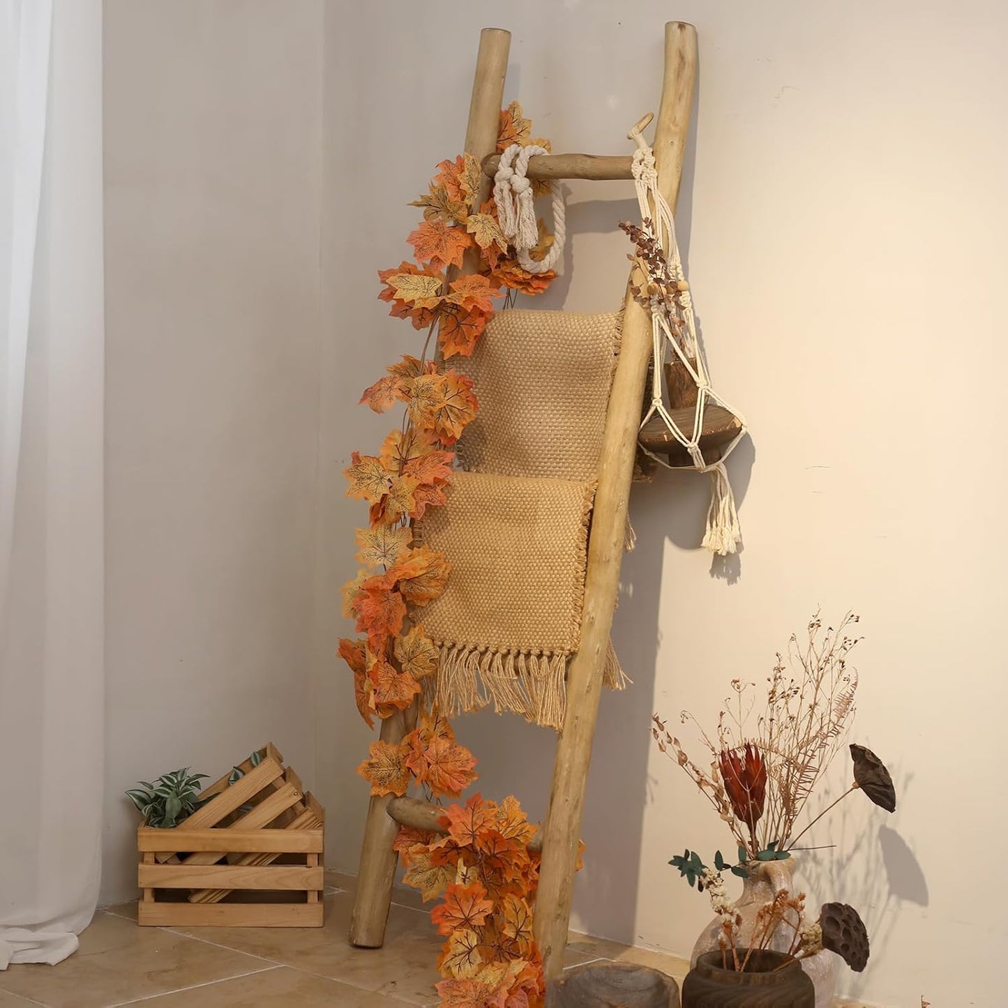 FUIN 57in Wood Blanket Ladder Living Room Decorative Wall Leaning Farmhouse Quilt Display Holder Rustic Wooden Towel Rack for Bathroom, Brown