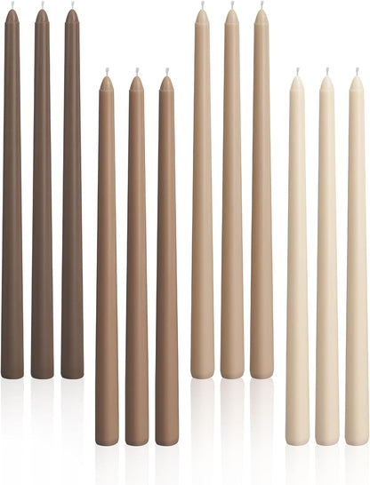 Viyffo Taper Candles, 12 Inch, 12 Pack, Brown – Unscented, Smokeless Design, Up to 8-Hour Burn – Tall Candlesticks for Table Decor, Weddings & Dinners