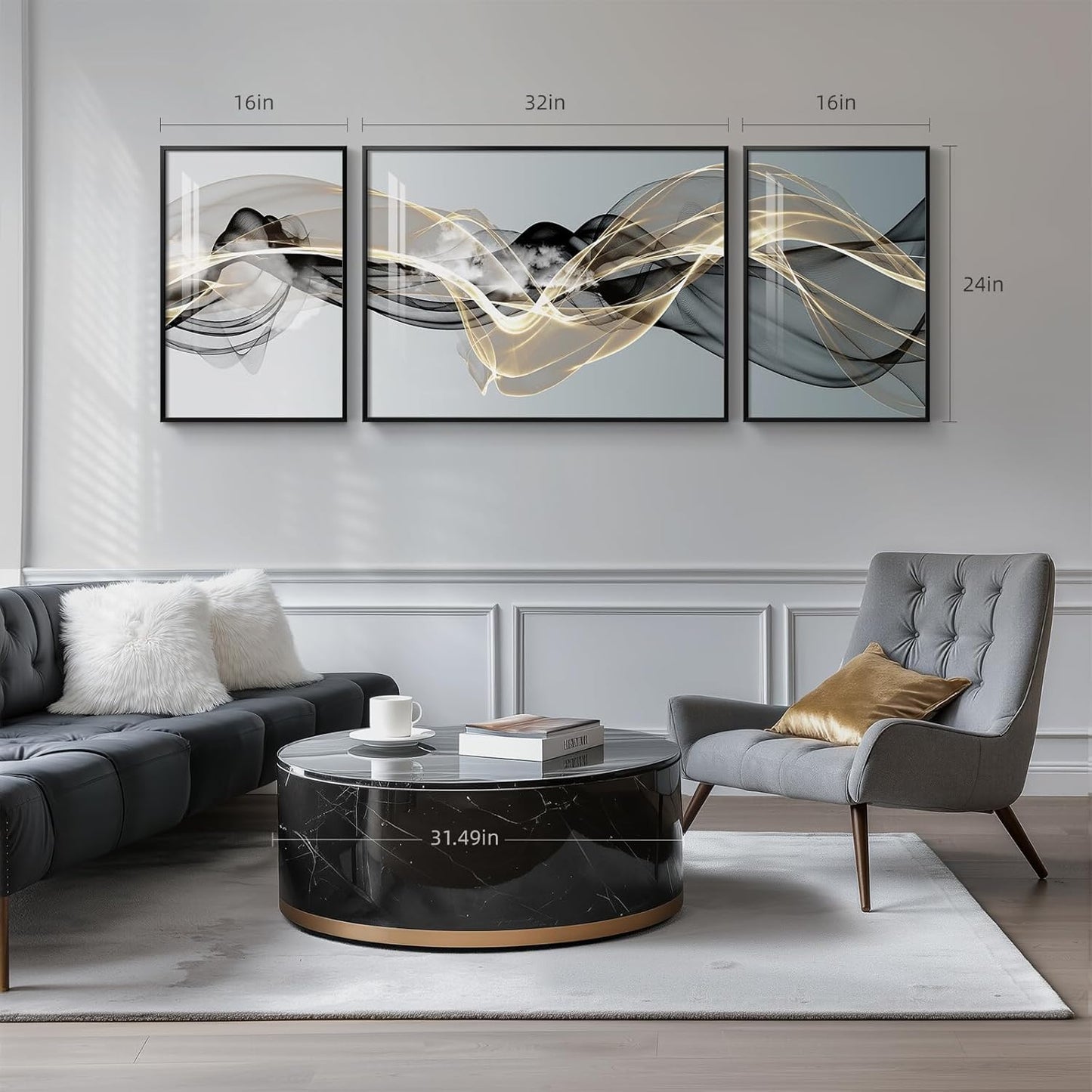 Framed Modern Luxury Gold Wall Art, Set of 3 Piece Contemporary Paintings Artwork for Walls, Golden Prints Pictures with Gold Frame, Wall Decor for Living Room, Hallway, Bedroom, Office 16x24 Inch